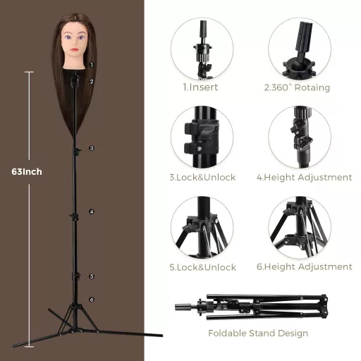 Neverland Beauty Fodrász Gyakorló Fej 71cm Valódi Hajjal Barna + Állvánnyal - Brown