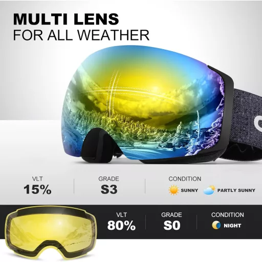 Ochelari de schi unisex Odoland cu lentilă magnetică, protecție UV, ochelari de snowboard anti-ceață.