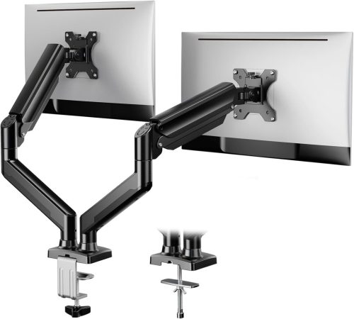 ErGear Dupla Monitortartó 17-32 Colos Képernyőkhöz, Gázrugós Karos Állvány, 2x10kg Teherbírás, VESA 75/100, Asztali Rögzítés, Fekete