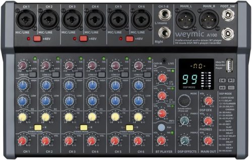 Weymic A100 Professzionális DJ Keverőpult - 10 Csatornás Hangkeverő USB Csatlakozással, XLR Mikrofon Bemenettel, 48V Fantomtáp, Stúdió Minős