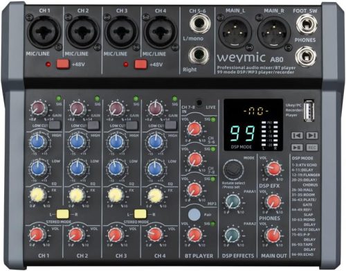 Weymic A80 Professzionális DJ Keverőpult - 8 Csatornás Hangkeverő 99 DSP Effekttel, USB, Bluetooth, XLR Mikrofon Bemenettel, Karaoke és Stúd