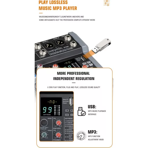 Profesionálny DJ mixážny pult Weymic A80 - 8-kanálový zvukový mixér s 99 DSP efektmi, USB, Bluetooth, XLR mikrofónovým vstupom, Karaoke a štúdiový