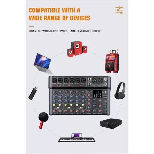 Weymic A80 Professzionális DJ Keverőpult - 8 Csatornás Hangkeverő 99 DSP Effekttel, USB, Bluetooth, XLR Mikrofon Bemenettel, Karaoke és Stúd