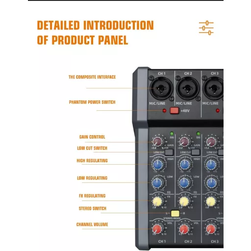 Profesionálny DJ mixážny pult Weymic A80 - 8-kanálový zvukový mixér s 99 DSP efektmi, USB, Bluetooth, XLR mikrofónovým vstupom, Karaoke a štúdiový