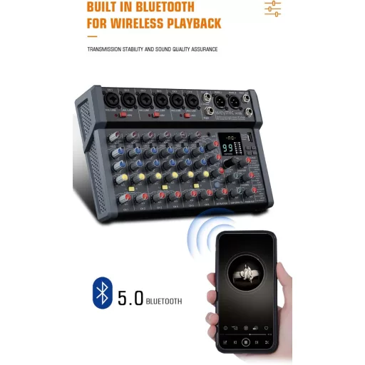 Weymic A80 Professzionális DJ Keverőpult - 8 Csatornás Hangkeverő 99 DSP Effekttel, USB, Bluetooth, XLR Mikrofon Bemenettel, Karaoke és Stúd