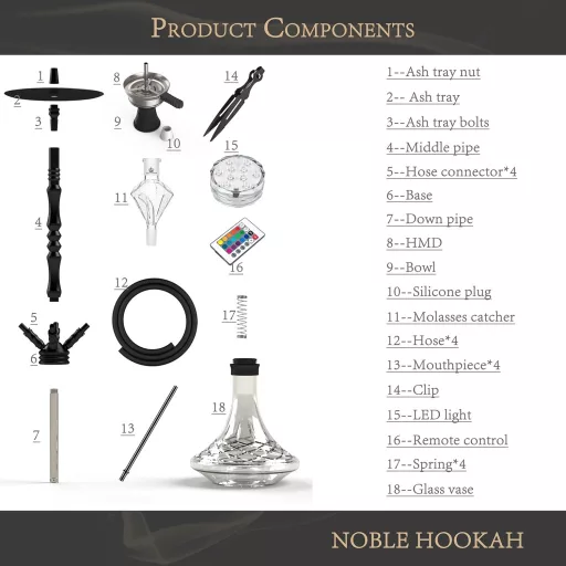 Set narghilea NOBLE HOOKAH 100 cm cu 4 racorduri, iluminare LED și creuzet XXL
