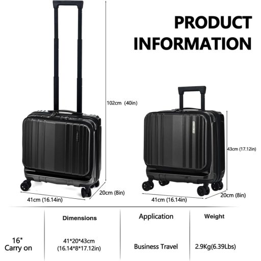 Troller de cabină TydeCkare, 16 inch, cu 2 compartimente pentru laptop, valiză neagră.