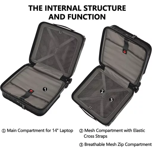 Troller de cabină TydeCkare, 16 inch, cu 2 compartimente pentru laptop, valiză neagră.