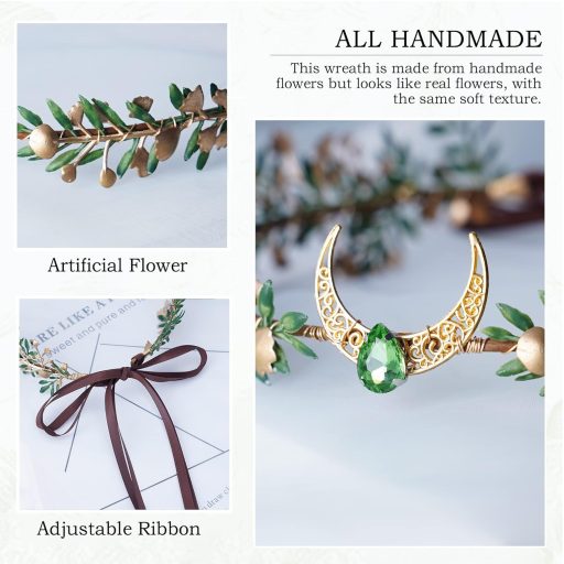 MOSTORY Ručne vyrábaná rozprávková koruna elfia čelenka zlatá zelená s mesiacom ozdoba hlavy na kostým cosplay renesančný ples