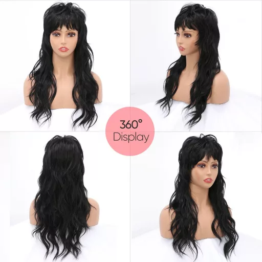 BESTUNG Parochňa s účesom mullet z 80. rokov pre čierne ženy - Rovný, dlhý účes wolf cut, s ofinou, žiaruvzdorné syntetické vlasy, bez lepidla