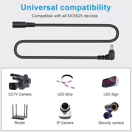 GINTOOYUN DC 5.5x2.5mm Hosszabbító Kábel, 90 Fokos, 3m, 18AWG Réz Tápkábel Biztonsági Kamerákhoz, LED Szalaghoz, CCTV Rendszerekhez