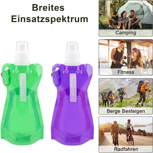 VIEVRE Set de 2 sticle pliabile - 500ml, reutilizabile, cu carabină - fără BPA, pentru drumeții, călătorii (Violet și Verde)