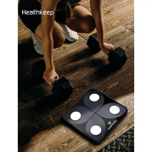 Cântar inteligent Healthkeep pentru compoziția corporală cu Bluetooth - Aplicație, Măsurare grăsime corporală, IMC, Masă musculară, Cântar digital pentru persoane, Negru