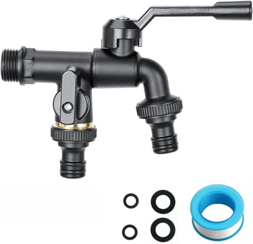 Robinet de grădină QHENS 1/2 inch - Alamă neagră, cu ieșire dublă, rezistent la calcar, rezistent la îngheț, design durabil pentru irigare și curățare