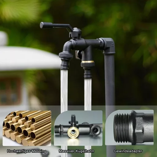 Robinet de grădină QHENS 1/2 inch - Alamă neagră, cu ieșire dublă, rezistent la calcar, rezistent la îngheț, design durabil pentru irigare și curățare