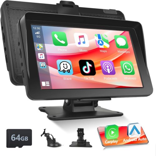 Podofo 7" Hordozható Autórádió - Apple CarPlay/Android Auto Támogatás, Bluetooth, IPS Érintőkijelző, FM, AUX, Tükrözés + 64GB TF Kártya