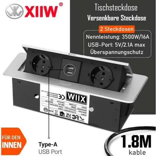XIIW Alumínium Beépíthető Asztalcsatorna 3500W 16A 2 USB Aljzat Munkalaphoz
