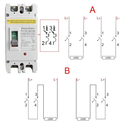 Întrerupător automat pentru circuite fotovoltaice Heschen DC 250A, 550V pentru sisteme solare
