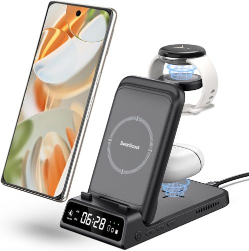 Stație de încărcare pliabilă prin inducție SwanScout 703G pentru Google Pixel Watch, încărcător wireless 4 în 1 pentru telefoane Pixel 9/8/7/6/5/4 și