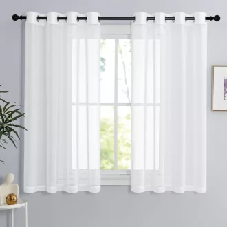   PONY DANCE Fehér Vitrázs Függöny Szett 2db 114x140cm Konyhai Átlátszó Lenvászon Hatású Függönyök Karikával - H114 x B140 cm (2er Pack), 2, White