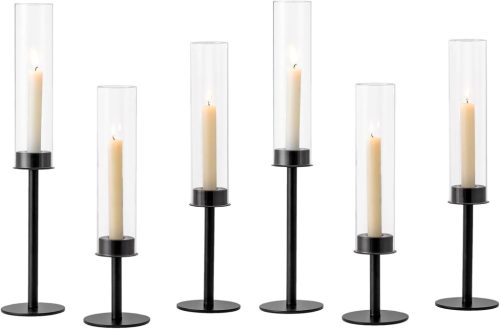 Set suporturi lumânări negre Hewory - 6 buc suporturi lumânări metalice cu cilindru de sticlă, fără bază, pentru decor de Crăciun, living, nuntă, sufragerie