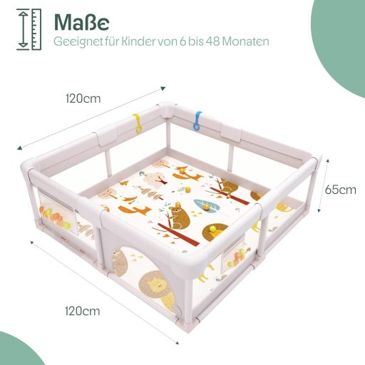 AKERAQ Baba Járóka 127 x 127 cm Matraccal, Légáteresztő Hálóval, Csörgővel, Játéklabdákkal és Húzógyűrűkkel