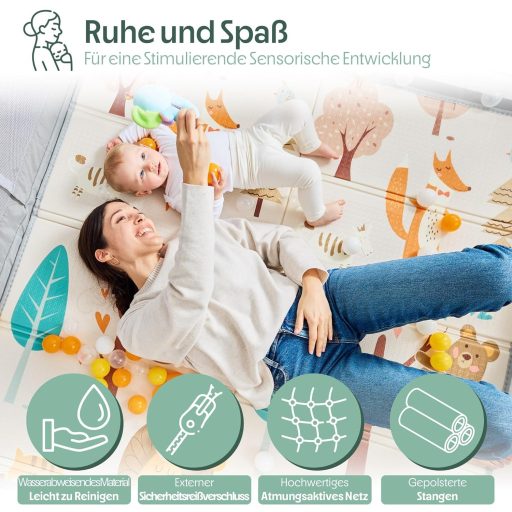 AKERAQ Detská ohrádka s matracom 127 x 127 cm, priedušnou sieťovinou, hrkálkou, loptičkami a úchytkami