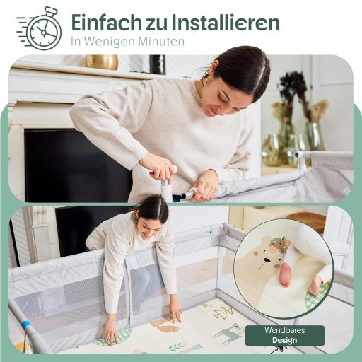 AKERAQ Detská ohrádka s matracom 127 x 127 cm, priedušnou sieťovinou, hrkálkou, loptičkami a úchytkami