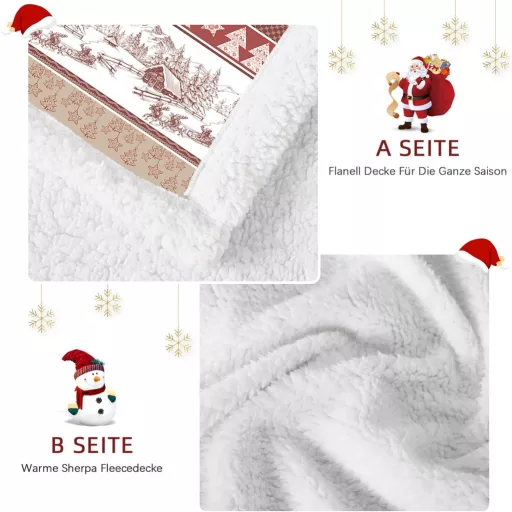 WONGS BEDDING Božićna deka 150x200 cm - Dvoslojna Sherpa Pled s uzorkom božićnog drvca, Mekana topla polarna deka, Crvena