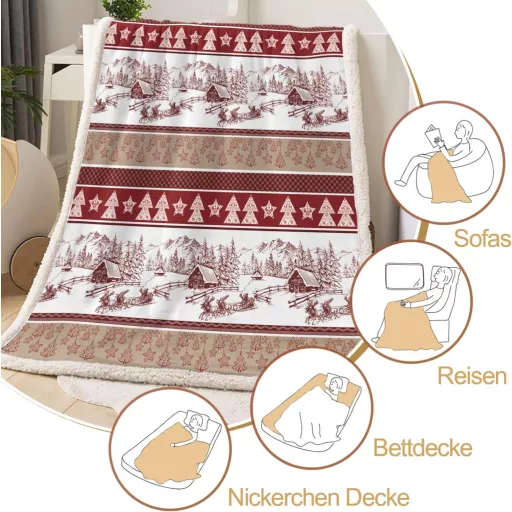 WONGS BEDDING Božićna deka 150x200 cm - Dvoslojna Sherpa Pled s uzorkom božićnog drvca, Mekana topla polarna deka, Crvena