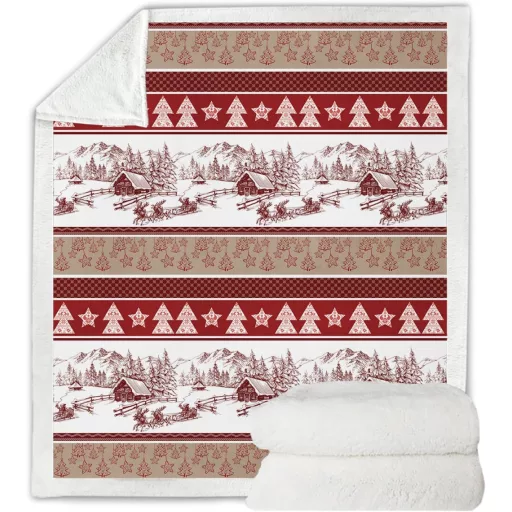WONGS BEDDING Božićna deka 150x200 cm - Dvoslojna Sherpa Pled s uzorkom božićnog drvca, Mekana topla polarna deka, Crvena