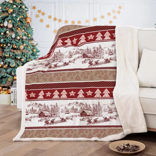WONGS BEDDING Karácsonyi Takaró 150x200 cm - Kétoldalas Sherpa Pléd Karácsonyfás Mintával, Puha Meleg Polár Ágytakaró, Piros