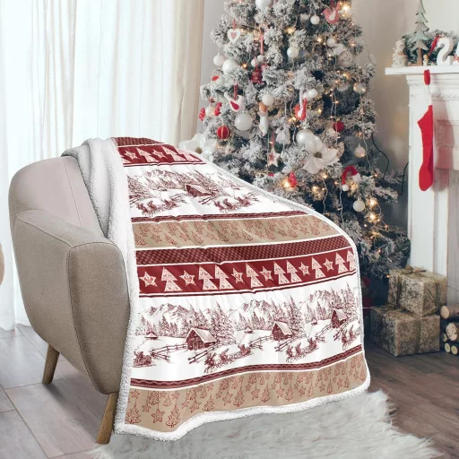 WONGS BEDDING Vianočná deka 150x200 cm - Obojstranná sherpa pléd so vzorom vianočného stromčeka, mäkká teplá fleecová prikrývka, červená