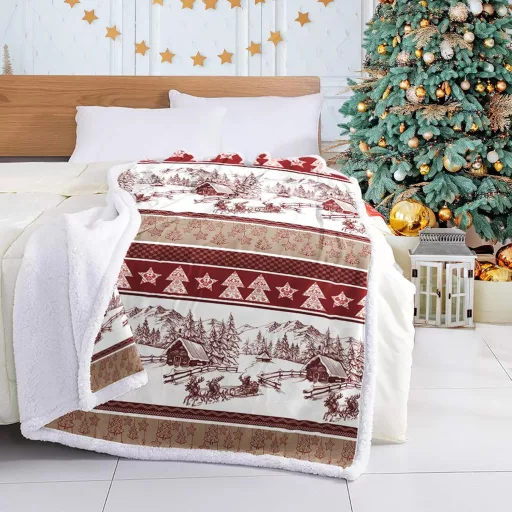WONGS BEDDING Karácsonyi Takaró 150x200 cm - Kétoldalas Sherpa Pléd Karácsonyfás Mintával, Puha Meleg Polár Ágytakaró, Piros