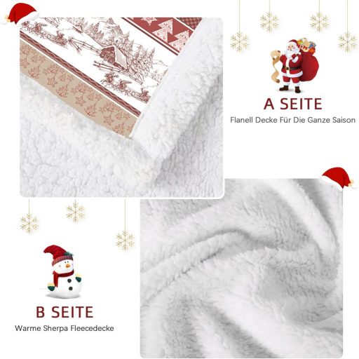 WONGS BEDDING Pătură de Crăciun 130x150cm - Plaid Sherpa Față-Verso cu Model Brad de Crăciun, Pătură de Pat Moale și Călduroasă din Fleece, Roșie