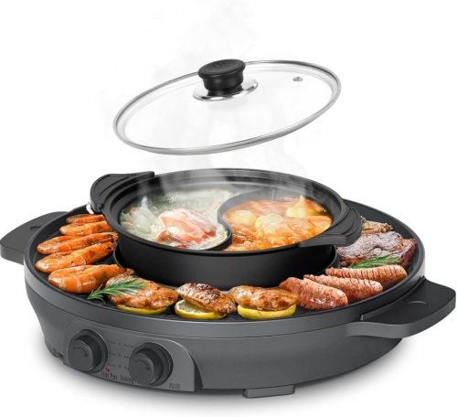 ENFRIFAM 2000W Elektromos Hot Pot és Raclette Grill, 8 Személyes, Kettős Főzőzóna, Független Hőmérséklet Szabályozás, Tapadásmentes Bevonat