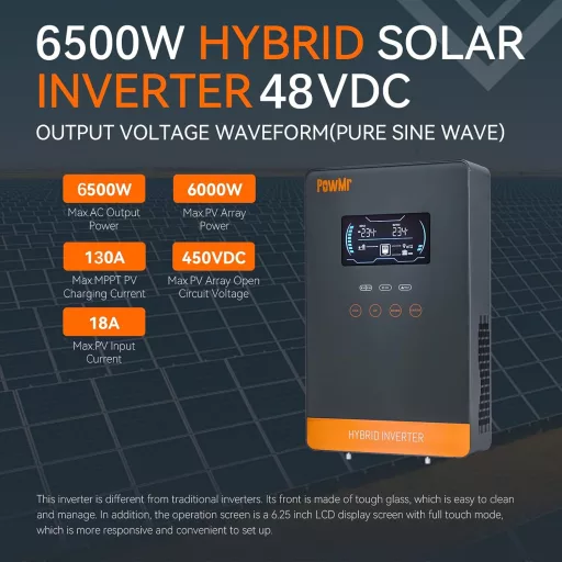 PowMr 6.5 kW Hibrid Inverter 48V-230V 130A MPPT Napelemes Töltésvezérlővel, 450V Max PV Bemenettel, Savas és Lítium Akkumulátorokhoz