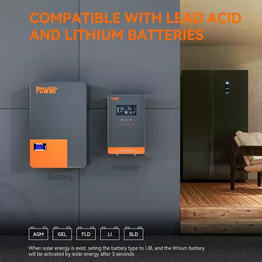 PowMr 6.5 kW Hibrid Inverter 48V-230V 130A MPPT Napelemes Töltésvezérlővel, 450V Max PV Bemenettel, Savas és Lítium Akkumulátorokhoz
