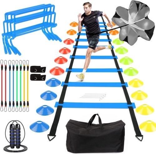 Set de antrenament pentru fotbal - Scară de agilitate, Parașută de rezistență, Coardă de sărit, Jaloane, Benzi elastice - Pentru antrenamente de fotbal, baschet, tenis