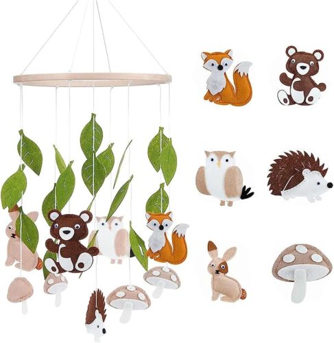 Carusel pentru pătuț Hava Kolari din fetru - Tematică cu animale din pădure, cu clopoței și figurine vulpe și urs - Cadou pentru nou-născuți, băieți și fete, ideal pentru baby shower