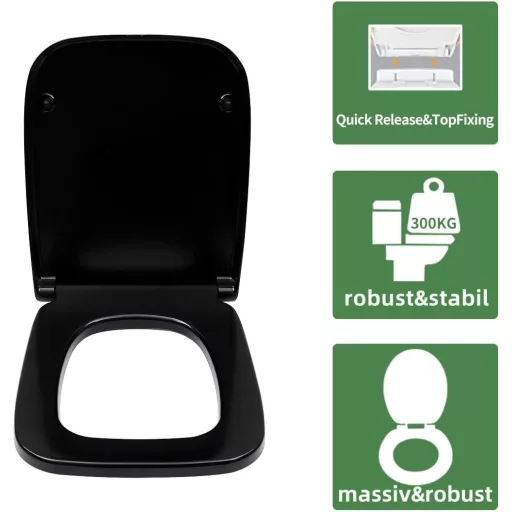 Fanmitrk négyzet alakú WC ülőke soft-close mechanizmussal, fekete duroplast