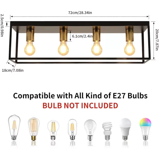 Lampa de tavan FORCOSO cu 4 becuri - Metal Negru, Stil Industrial Vintage, Corp de iluminat cu Cage, Soclu E27 - Living, Dormitor, Bucătărie, Hol