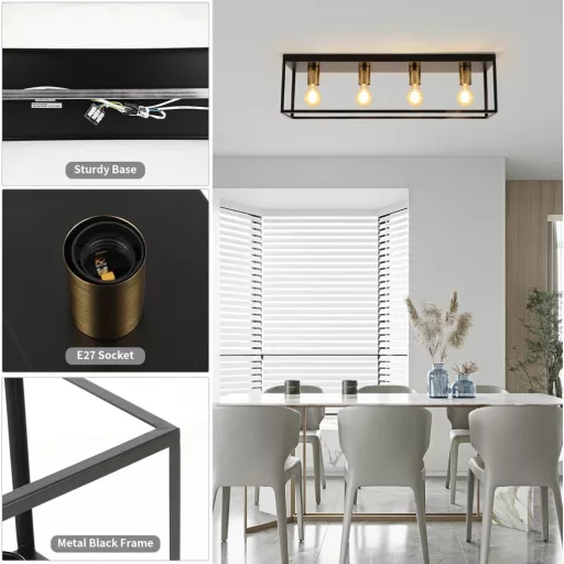 Lampa de tavan FORCOSO cu 4 becuri - Metal Negru, Stil Industrial Vintage, Corp de iluminat cu Cage, Soclu E27 - Living, Dormitor, Bucătărie, Hol