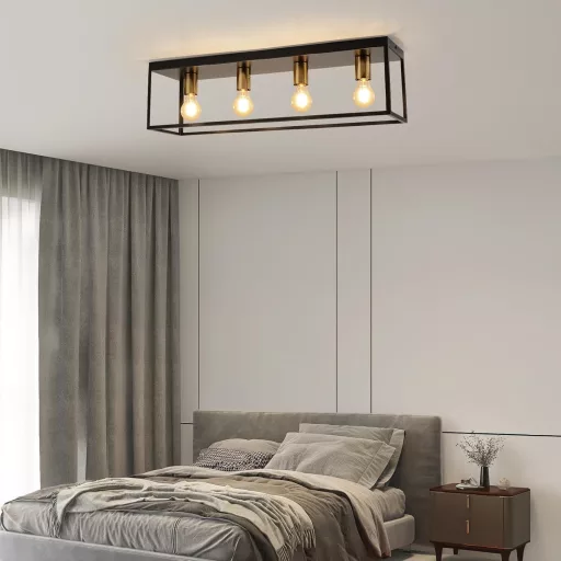Lampa de tavan FORCOSO cu 4 becuri - Metal Negru, Stil Industrial Vintage, Corp de iluminat cu Cage, Soclu E27 - Living, Dormitor, Bucătărie, Hol