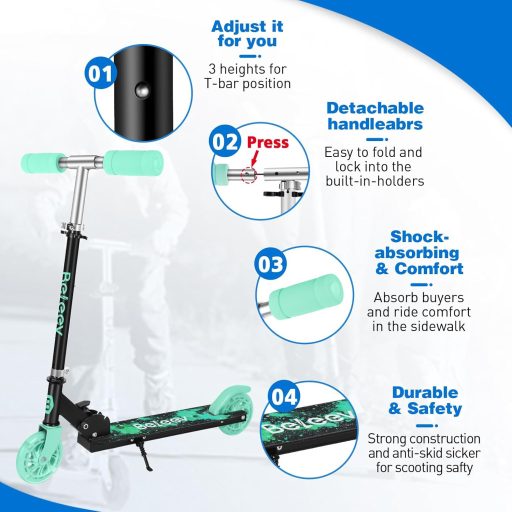 BELEEV Összecsukható Gyerekroller LED Világító Kerekekkel, 3 Fokozat Magasságállítás, 3-12 Év, kék