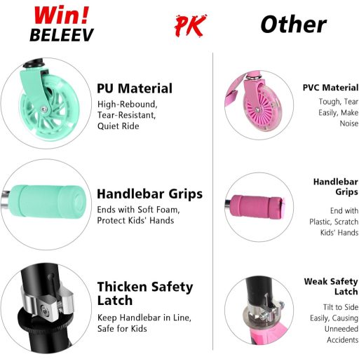 BELEEV Összecsukható Gyerekroller LED Világító Kerekekkel, 3 Fokozat Magasságállítás, 3-12 Év