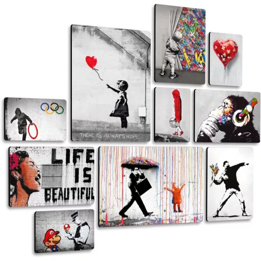 Giallobus Banksy 10 részes falikép szett MDF fából, többrészes dekoráció, falra szerelhető