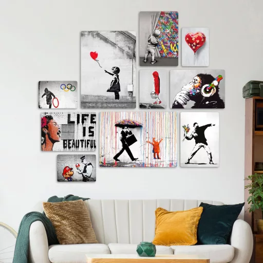 Giallobus Banksy 10 részes falikép szett MDF fából, többrészes dekoráció, falra szerelhető