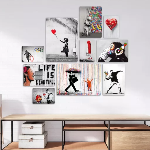 Giallobus Banksy 10 részes falikép szett MDF fából, többrészes dekoráció, falra szerelhető