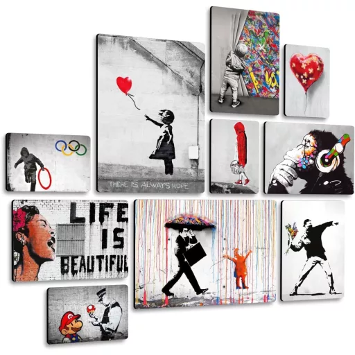 Giallobus Banksy 10 részes falikép szett MDF fából, többrészes dekoráció, falra szerelhető